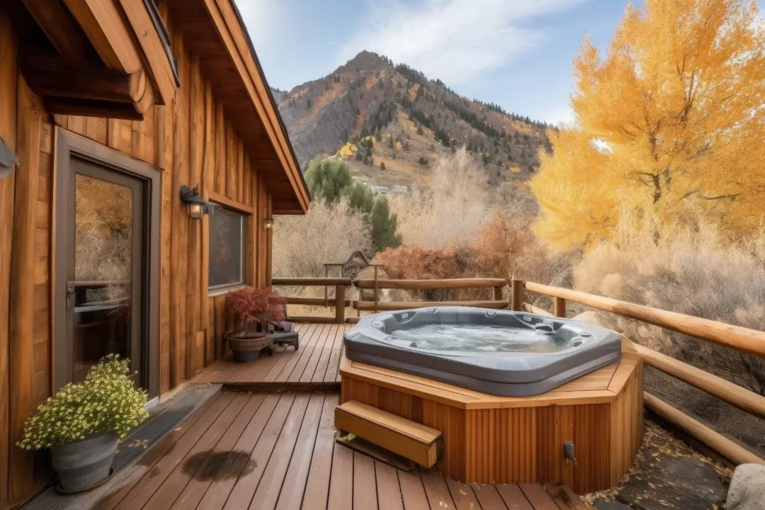 Hot tub beside a wooden cabin